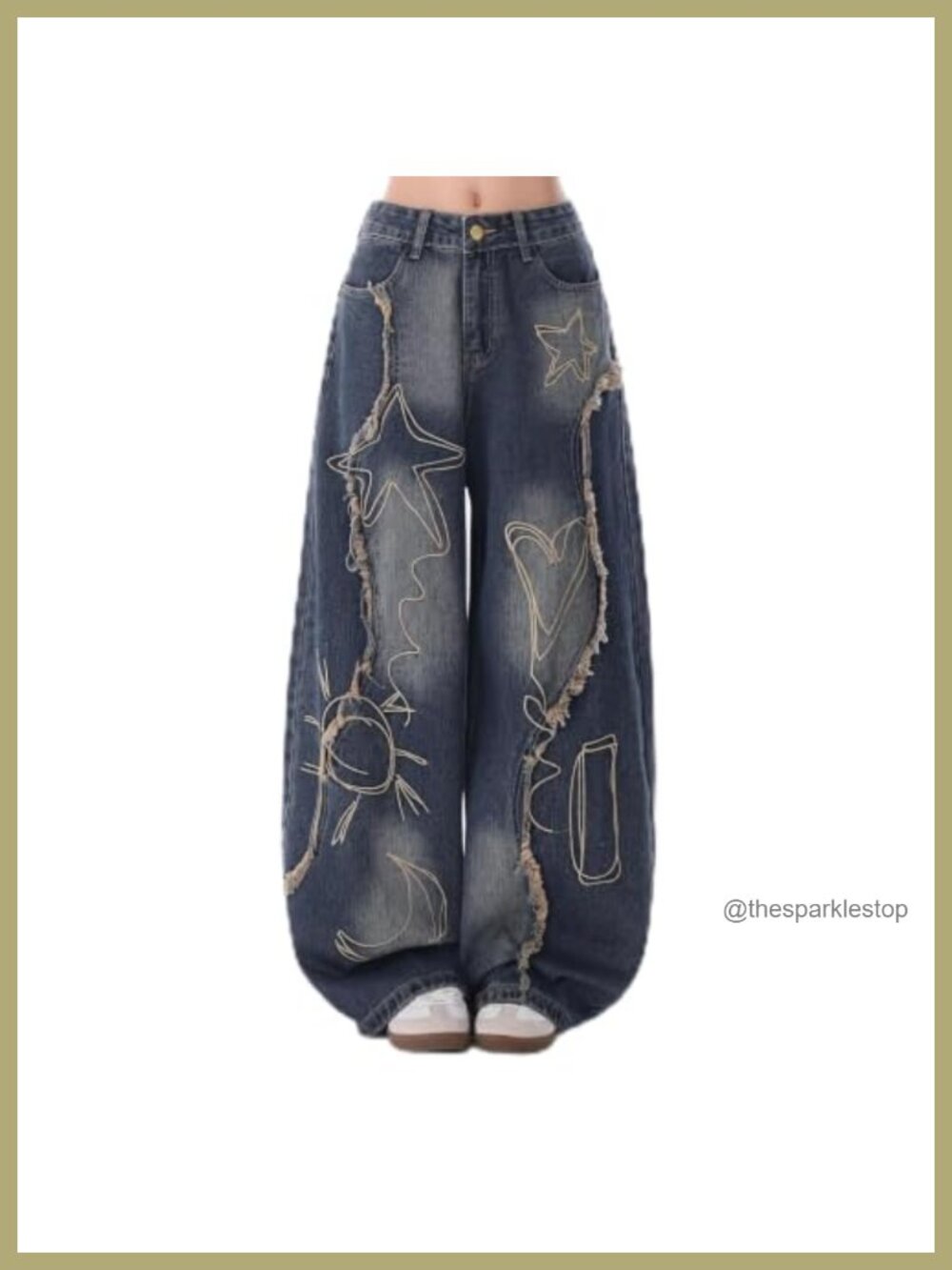 Embroidered Star Barrel Jeans Low Rise Wide Leg Baggy Denim Ankle